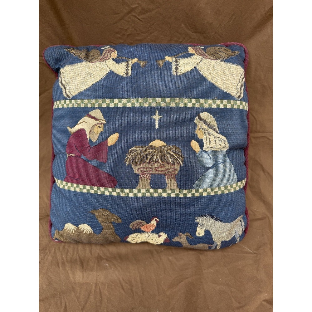 Decorative Tapestry Throw Pillow Christmas Nativity Blue Square Red Back 15"x15"